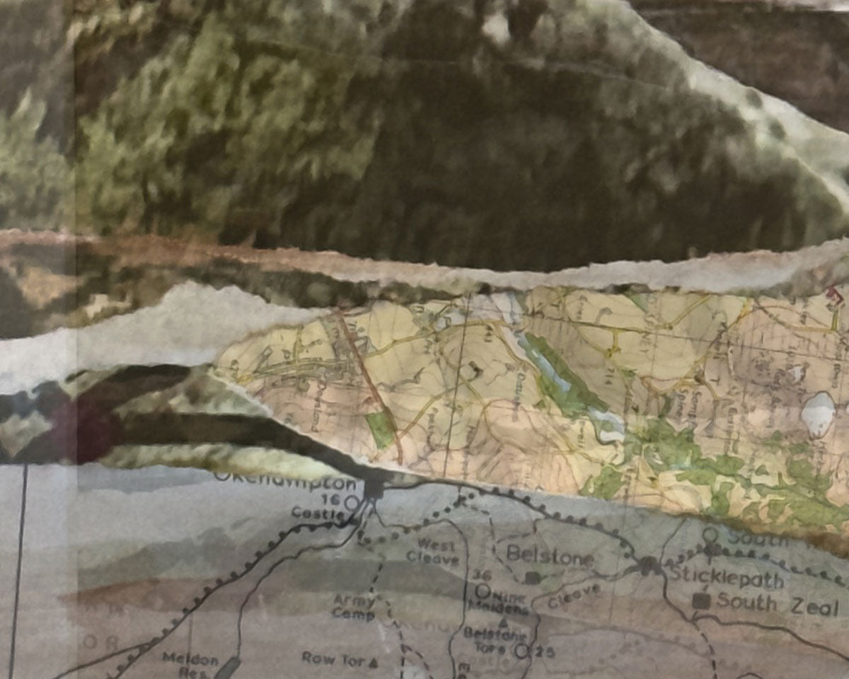 Detail of an original landscape collage inspired by Dartmoor National Park in Devon.