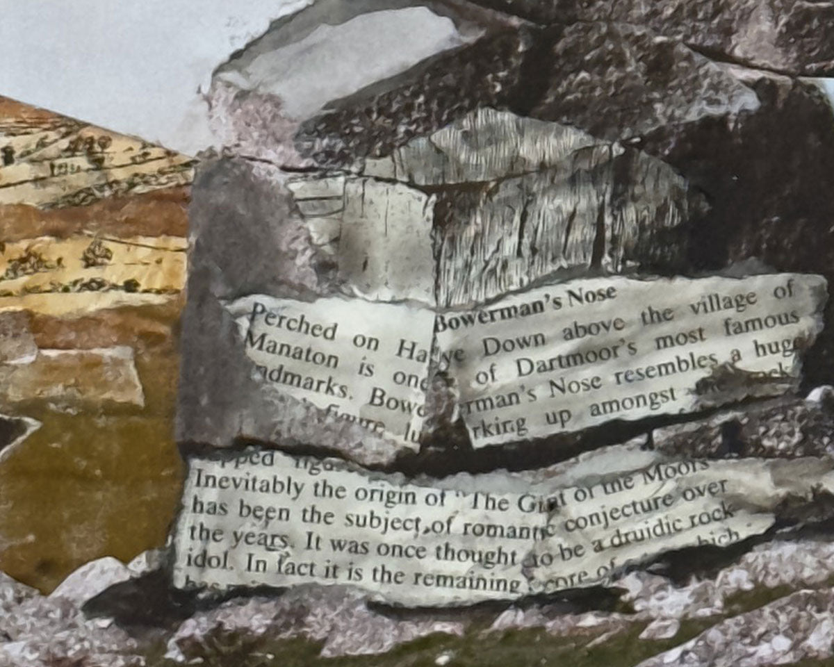 Detail of an original landscape art collage of Bowerman's Nose in Dartmoor National Park in Devon.