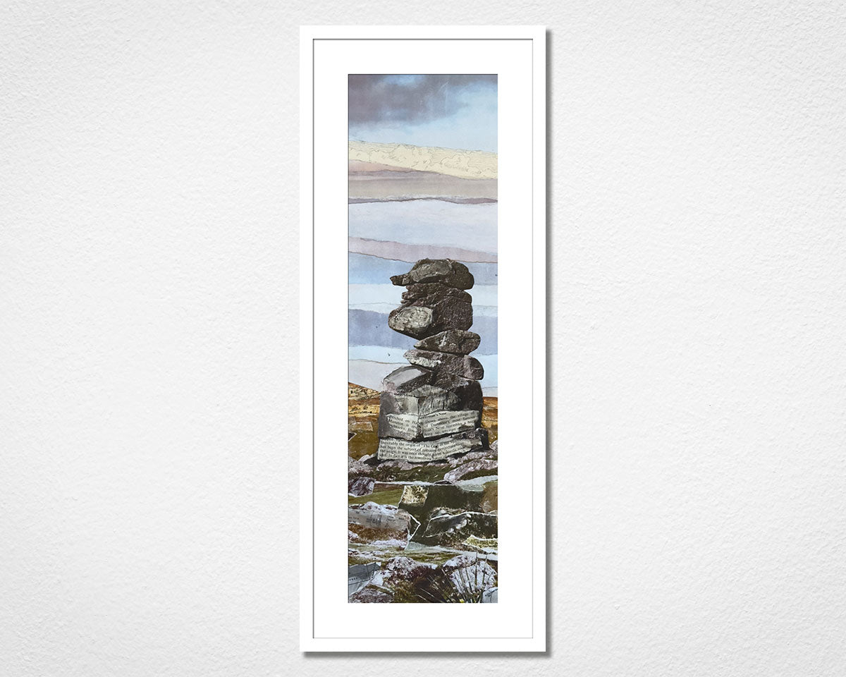 Original landscape collage of Bowerman's Nose in Dartmoor National Park in Devon in a white frame on a white wall