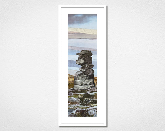 Original landscape collage of Bowerman's Nose in Dartmoor National Park in Devon in a white frame on a white wall