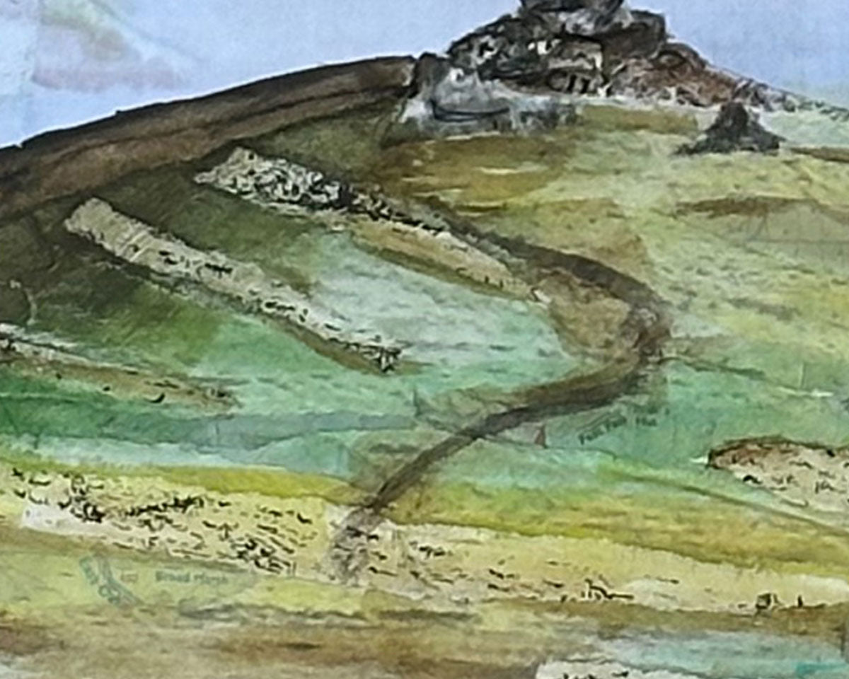 Detail of an original landscape collage inspired by Dartmoor National Park in Devon.