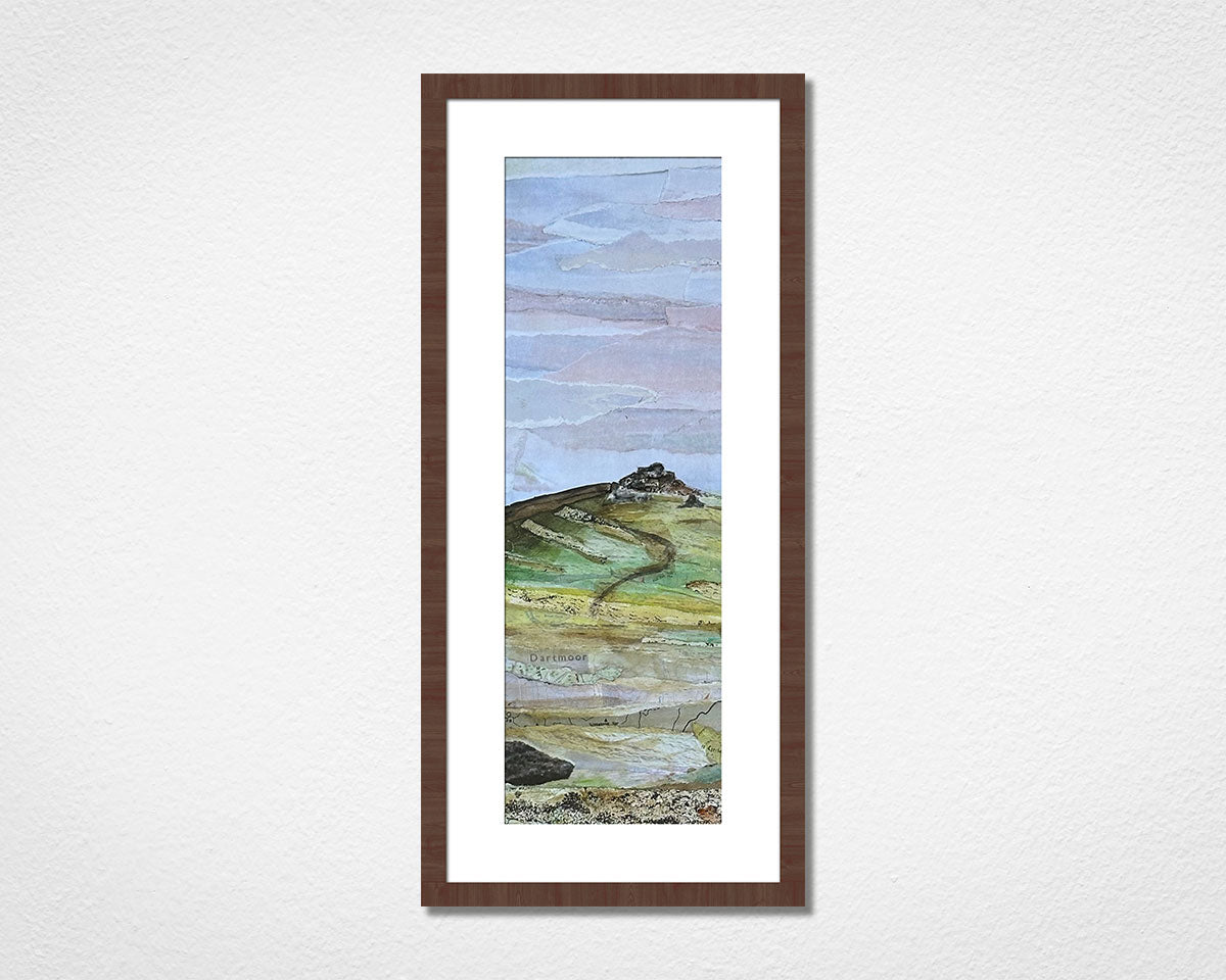 Original landscape collage inspired by Dartmoor National Park in Devon in a walnut frame on a white wall