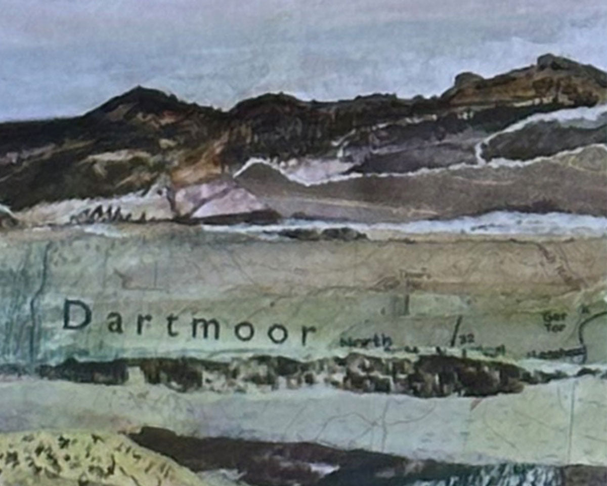 Detail of an original landscape art collage inspired by Dartmoor National Park in Devon