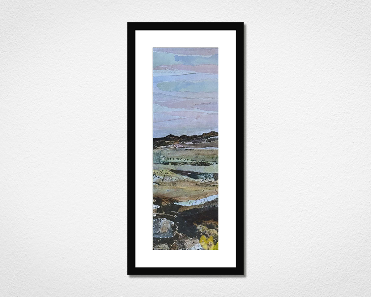 Original landscape collage inspired by Dartmoor National Park in Devon in a black frame on a white wall