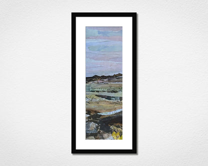 Original landscape collage inspired by Dartmoor National Park in Devon in a black frame on a white wall