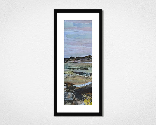 Original landscape collage inspired by Dartmoor National Park in Devon in a black frame on a white wall