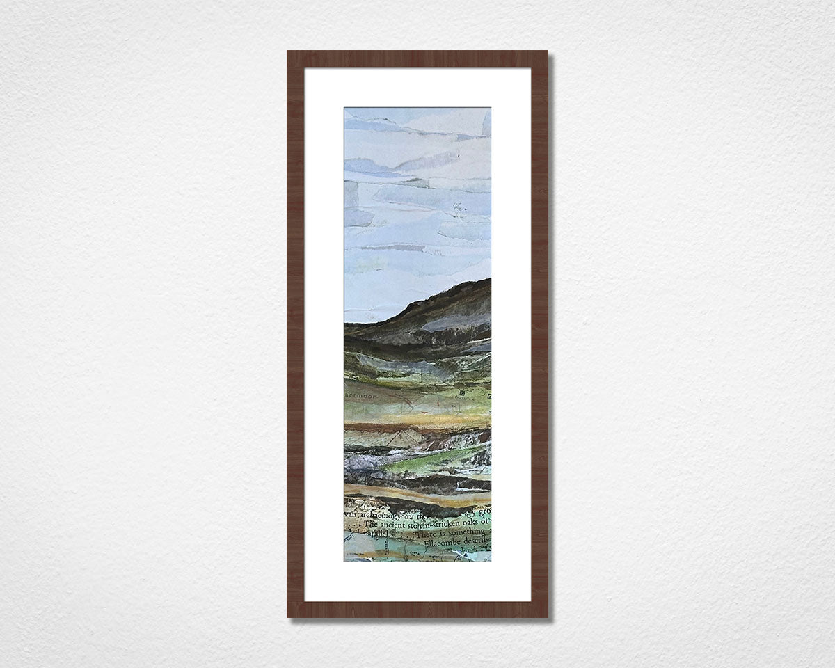 Framed landscape collage of Dartmoor National Park in Devon on a white wall. 