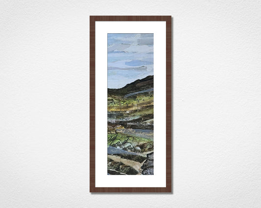Framed landscape collage of Dartmoor National Park in Devon on a white wall. 