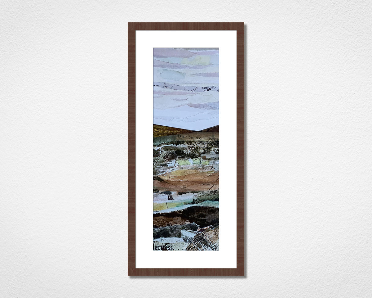 Original landscape collage inspired by Dartmoor National Park in Devon in a walnut frame on a white wall