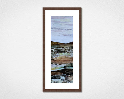 Original landscape collage inspired by Dartmoor National Park in Devon in a walnut frame on a white wall