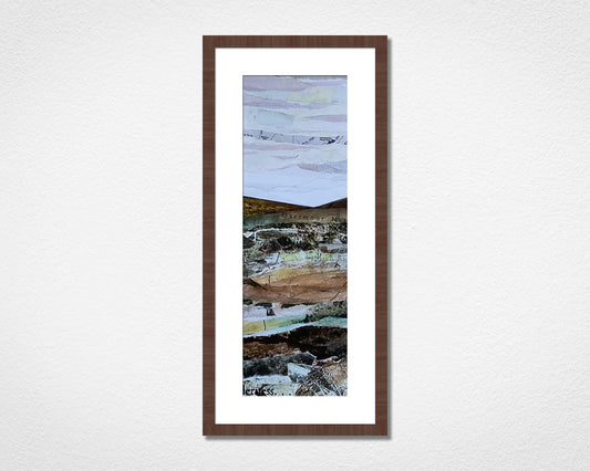 Original landscape collage inspired by Dartmoor National Park in Devon in a walnut frame on a white wall