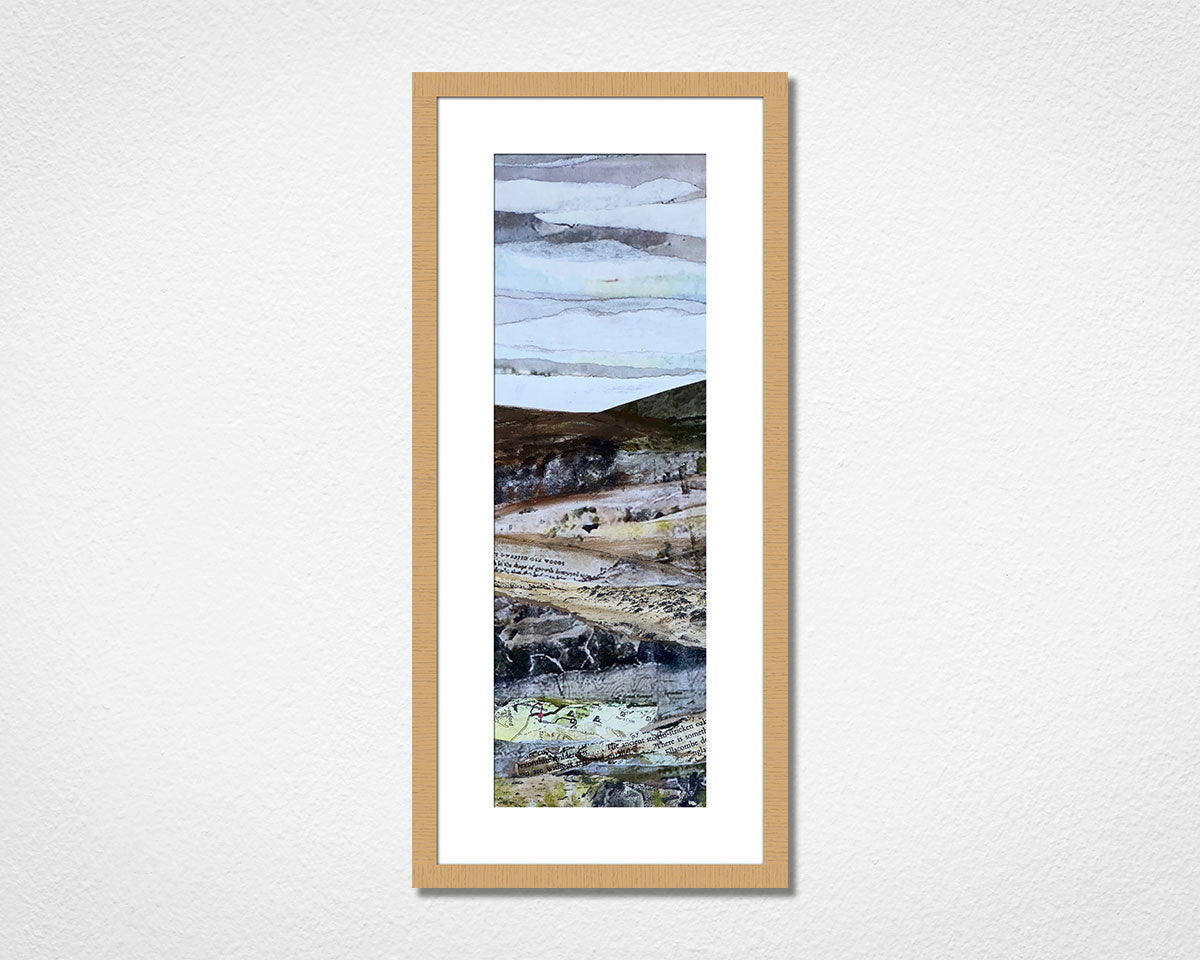Original landscape collage inspired by Dartmoor National Park in Devon in a frame on a white wall