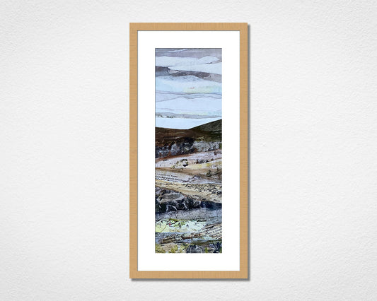 Original landscape collage inspired by Dartmoor National Park in Devon in a frame on a white wall