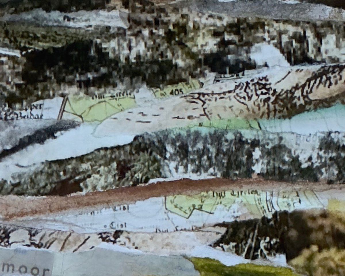 Detail of an original landscape art collage inspired by Dartmoor National Park in Devon