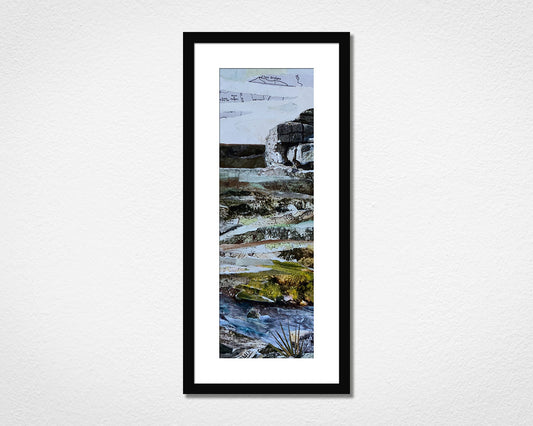 Original landscape collage inspired by Dartmoor National Park in Devon in a black frame on a white wall