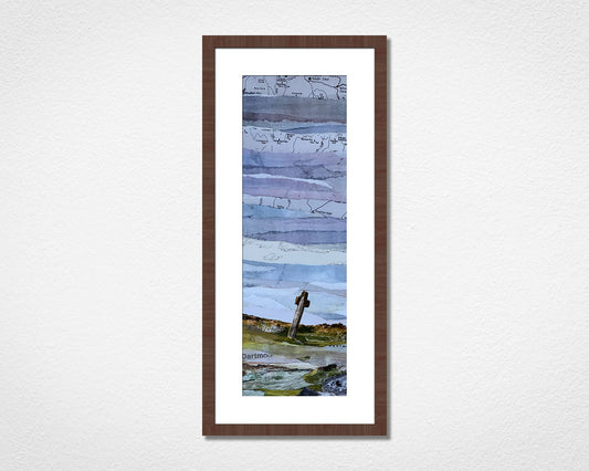Framed landscape collage of Dartmoor National Park in Devon on a white wall. 