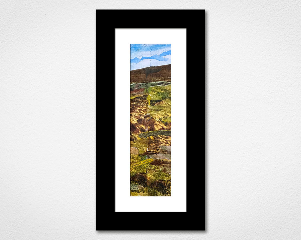 Framed landscape collage of Dartmoor National Park in Devon with greenery and blue sky.