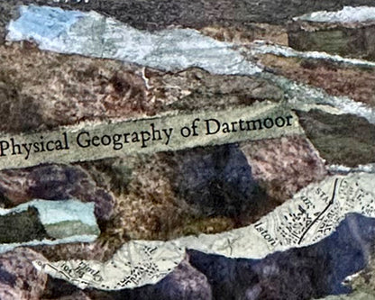 Text 'Physical Geography of Dartmoor' on a textured surface with rocks and map elements.