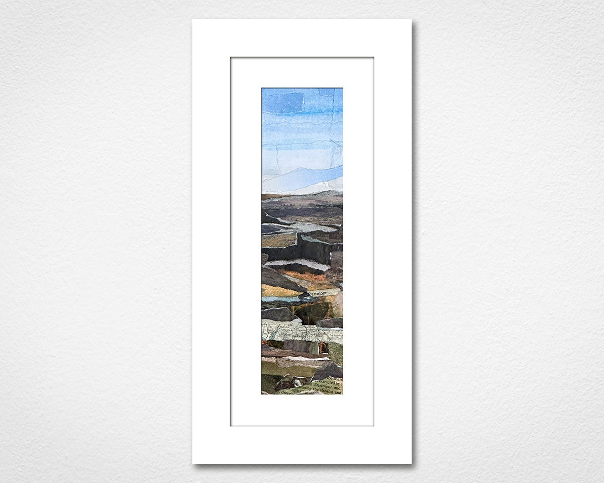 Framed landscape collage of Dartmoor National Park in Devon with greenery and blue sky.
