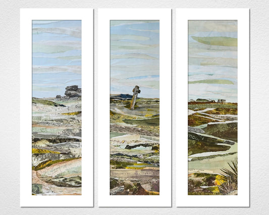 Commissioned Dartmoor triptych framed collage by Glen Middleham, mixed media with vintage ephemera, watercolour washes and acrylic on wood panels
