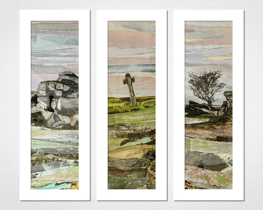 Commissioned Dartmoor collage triptych by Glen Middleham, mixed media artwork with vintage maps, watercolour washes and bespoke framing
