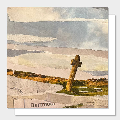 Collage of a stone cross on Dartmoor with a map and landscape background