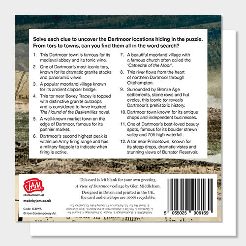 Reverse of the Dartmoor National Park word search puzzle greetings card