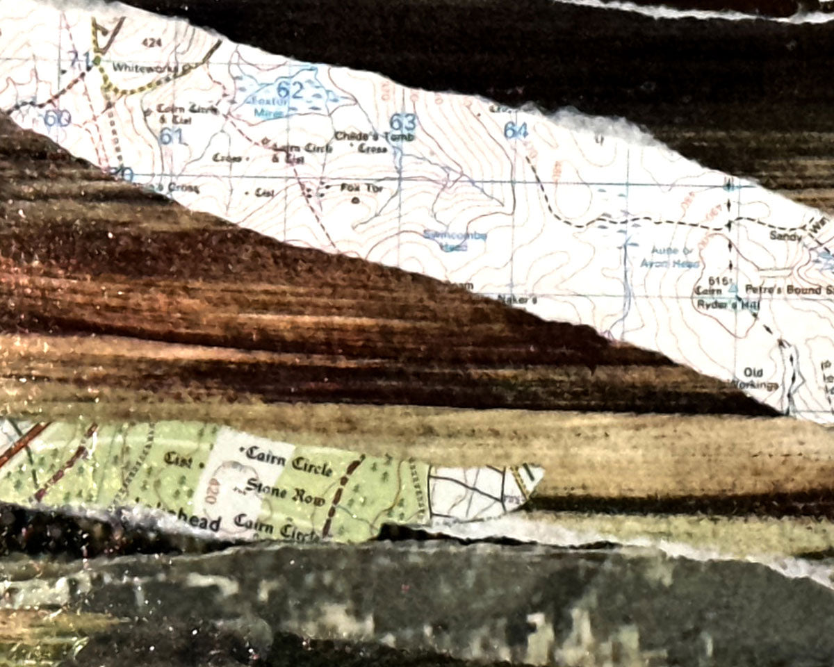 Detail of Dartmoor View Triptych collage artwork by Glen Middleham, mixed media landscape with vintage Dartmoor ephemera on wood panels
