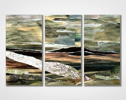 Dartmoor View Triptych collage artwork by Glen Middleham, mixed media landscape with vintage Dartmoor ephemera on wood panels
