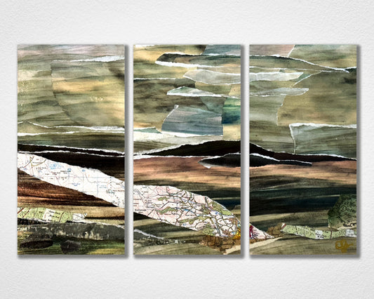 Dartmoor View Triptych collage artwork by Glen Middleham, mixed media landscape with vintage Dartmoor ephemera on wood panels