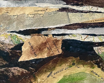 Detail of collage of vintage maps with text and illustrations depicting Dartmoor National Park