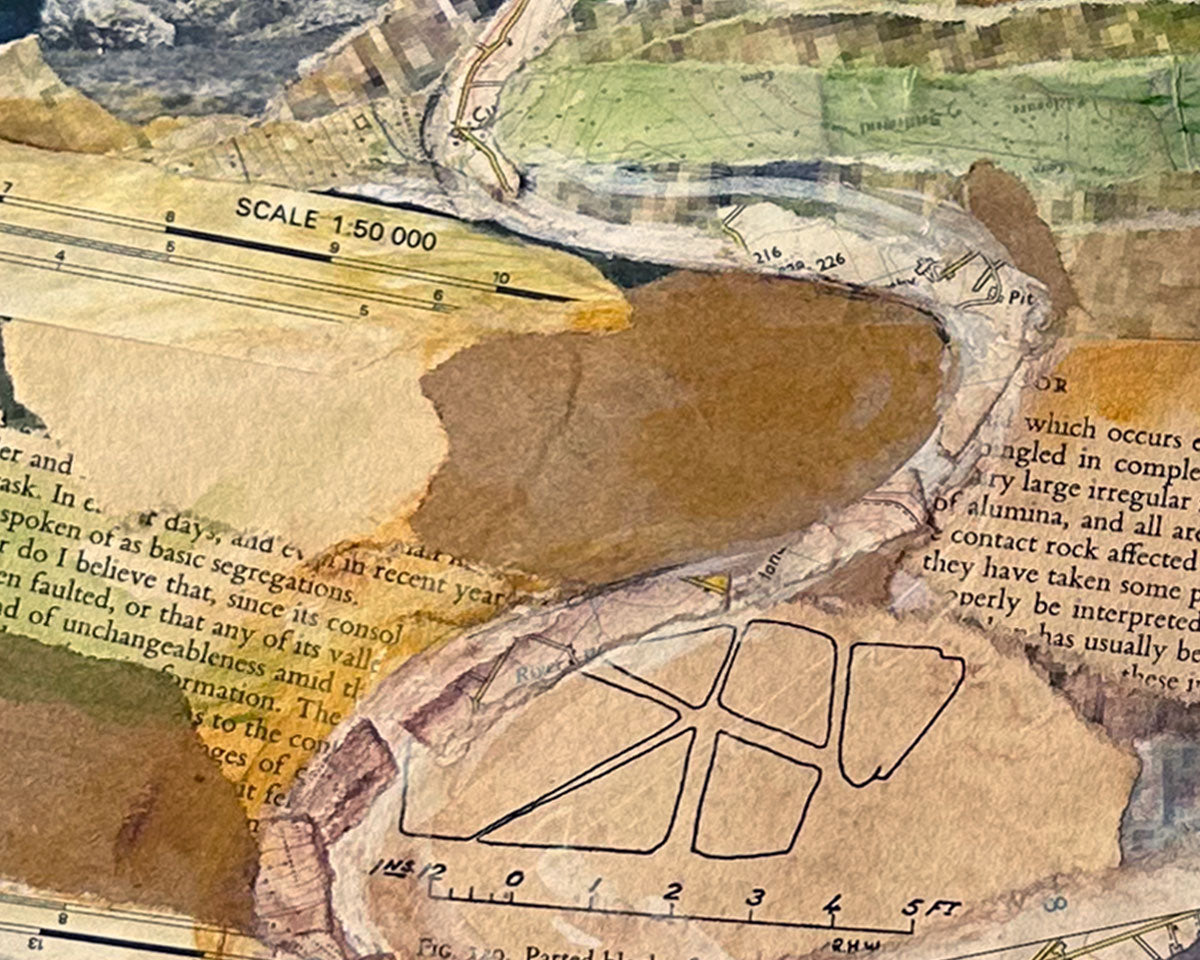 Details of collage of a map with text and illustrations, featuring a scale bar and geometric shapes depicting Haytor in Dartmoor, Devon
