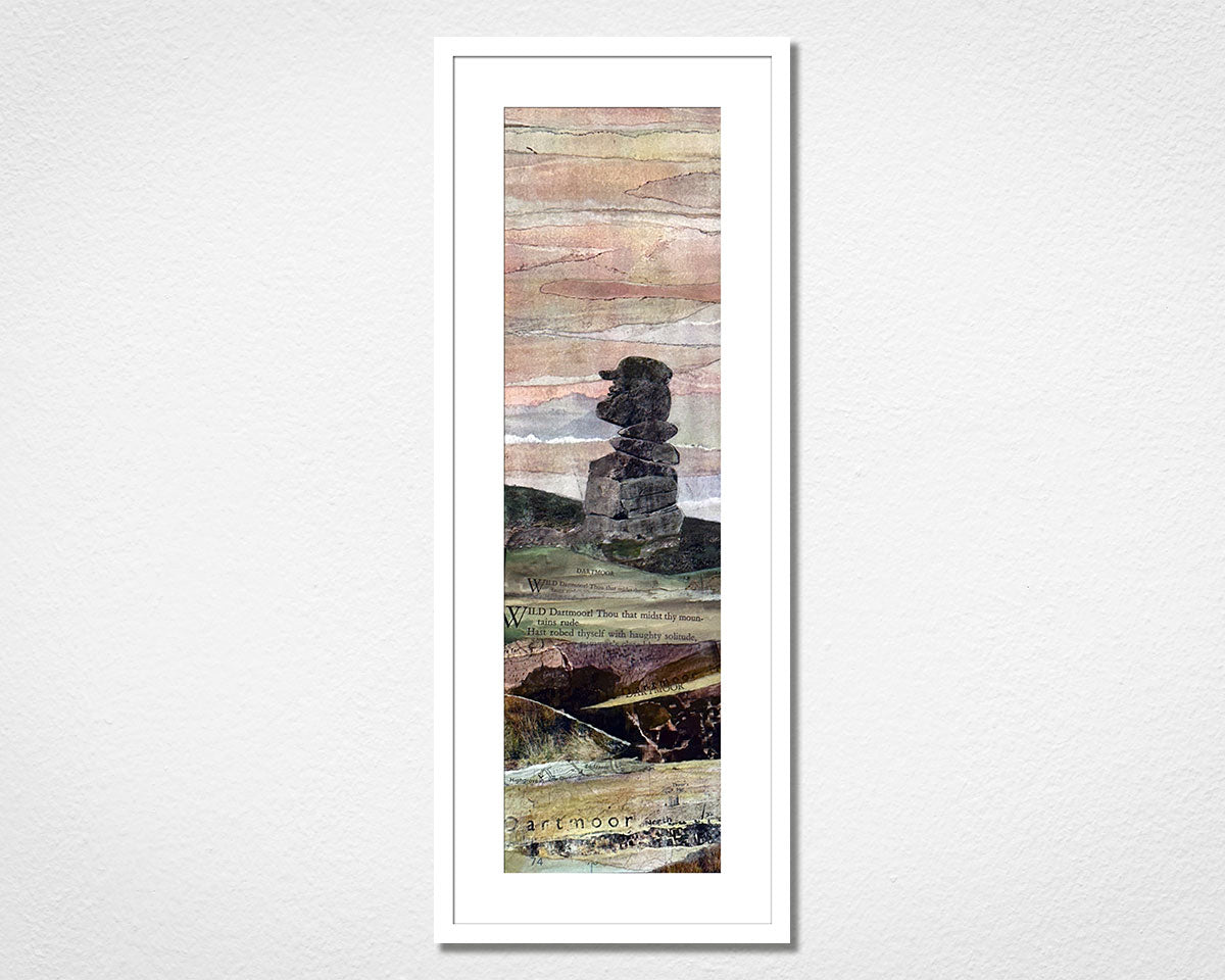 Framed artwork with a collage of textures and colors on a white background of Bowerman's Nose in Dartmoor National Park