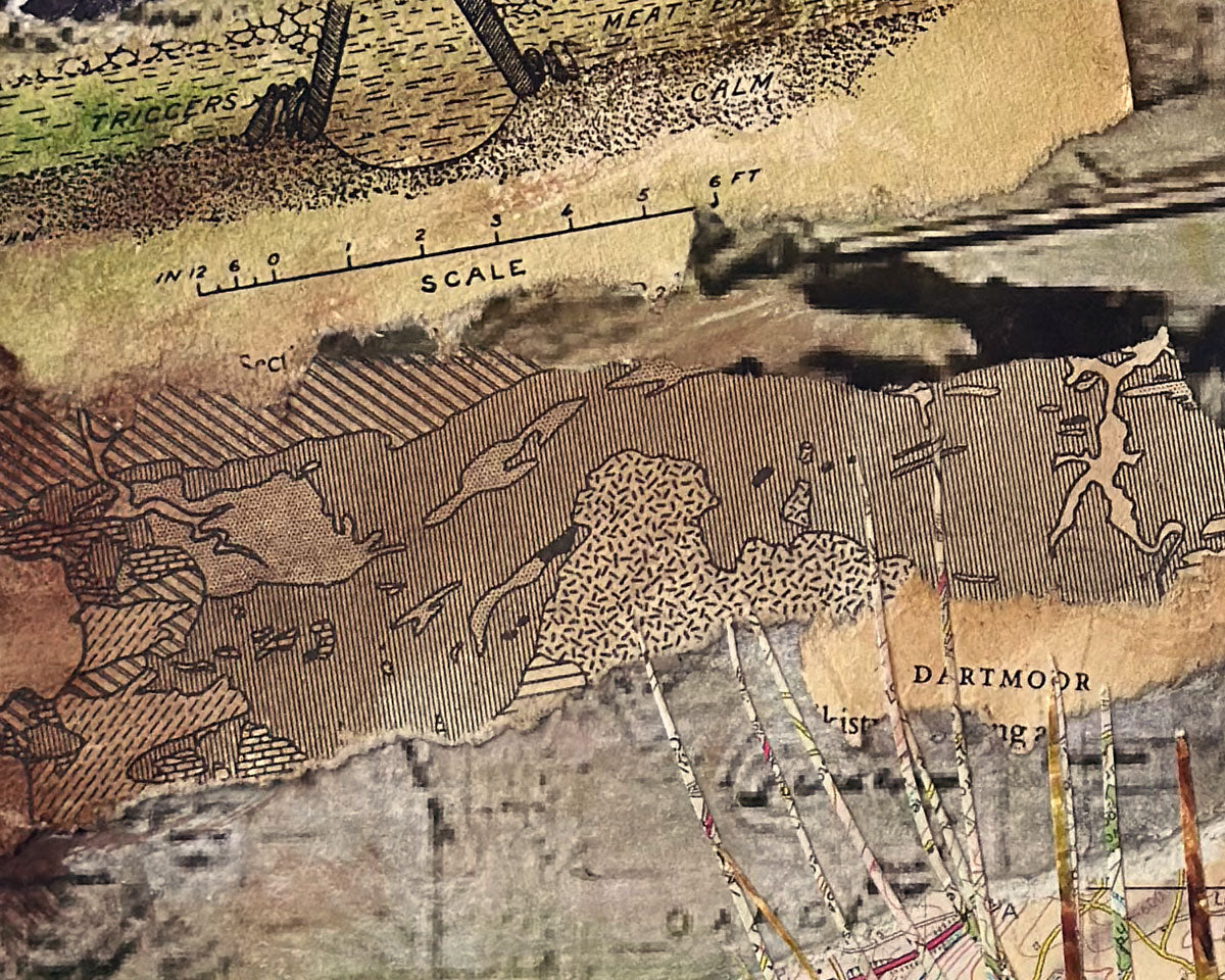 Detail of an original framed art collage of Dartmoor National Park in Devon