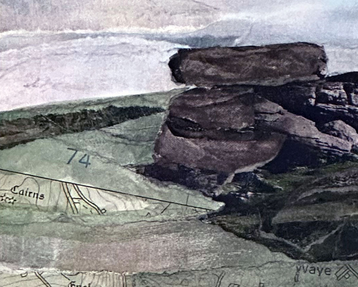Framed original artwork of a collage capturing Hangershell Rock in Dartmoor National Park in Devon