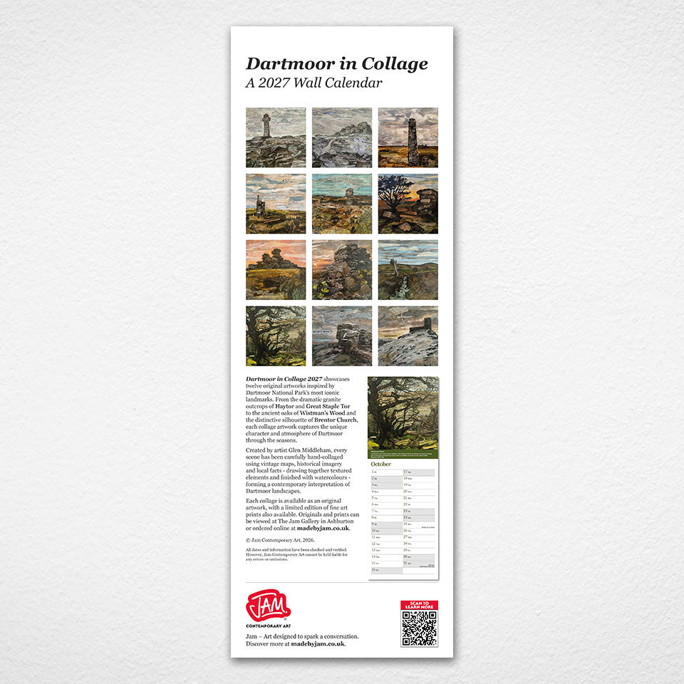 A tall wall calendar poster titled 'Dartmoor in Collage: A 2027 Wall Calendar' displayed against a textured white wall. The poster features a grid of landscape photographs from Dartmoor, descriptive text, a monthly calendar table, and a red JAM logo at the bottom.
