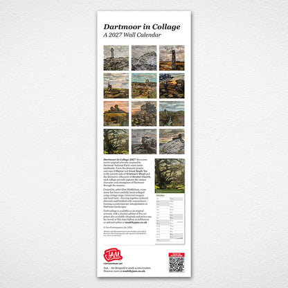 A tall wall calendar poster titled 'Dartmoor in Collage: A 2027 Wall Calendar' displayed against a textured white wall. The poster features a grid of landscape photographs from Dartmoor, descriptive text, a monthly calendar table, and a red JAM logo at the bottom.
