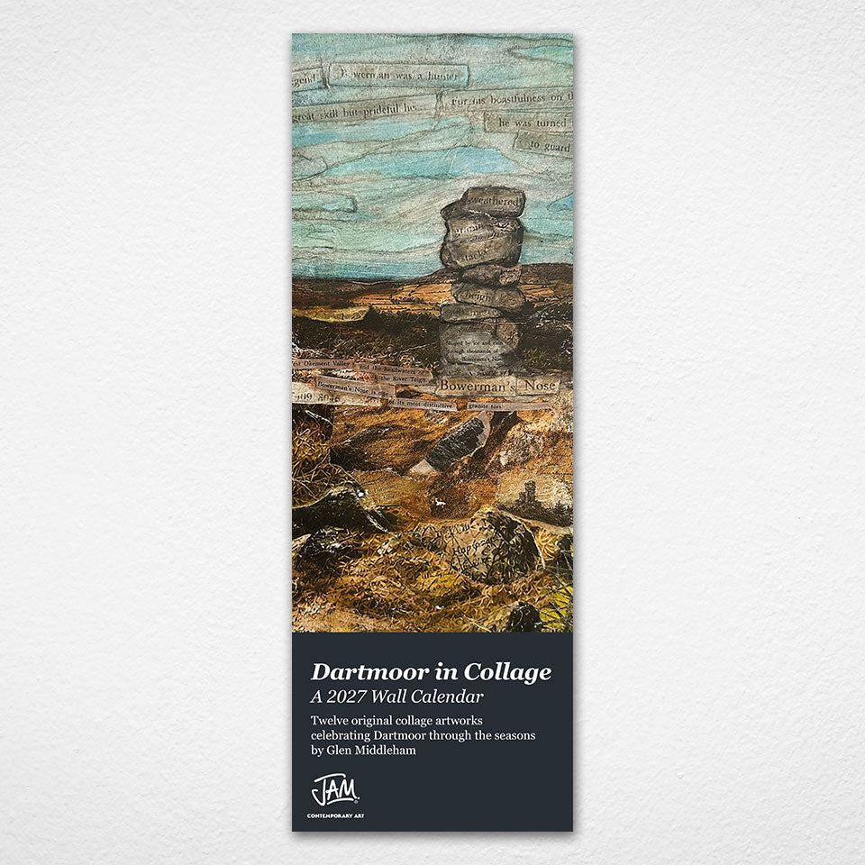 A tall wall calendar cover for 'Dartmoor in Collage: A 2027 Wall Calendar' featuring an impressionistic landscape painting of a stone stack in a moorland scene, with a dark charcoal lower section containing white text and a small logo.