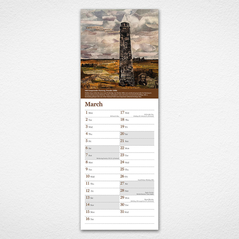 A tall, narrow wall calendar page from the Dartmoor in Collage 2027 calendar featuring a sepia-toned landscape illustration with a stone monument and cloudy sky, plus a monthly calendar grid for March below.