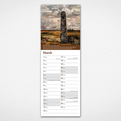 A tall, narrow wall calendar page from the Dartmoor in Collage 2027 calendar featuring a sepia-toned landscape illustration with a stone monument and cloudy sky, plus a monthly calendar grid for March below.