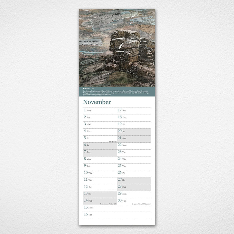 A vertical wall calendar page for November from the Dartmoor in Collag 2027 calendar featuring a scenic photograph of a rocky cliff at the top and a white lower section with black text and gray date boxes, mounted against a light textured wall.