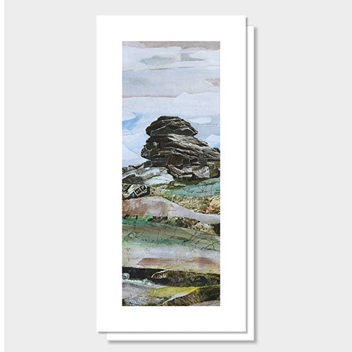 Greetings card featuring an original art collage of Hangershell Rock in Dartmoor National Park in Devon