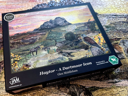 The box and the completed Haytor – A Dartmoor Icon 1000-piece jigsaw puzzle 