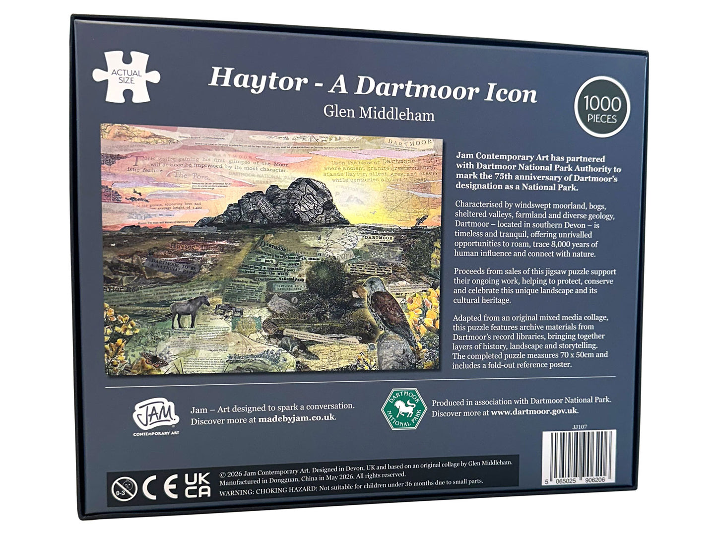 The back of a 1000-piece jigsaw puzzle box titled 'Haytor - A Dartmoor Icon' by Glen Middleham, featuring a landscape illustration of Haytor mountain and a sheep on a moor, with text and logos on a dark blue background.