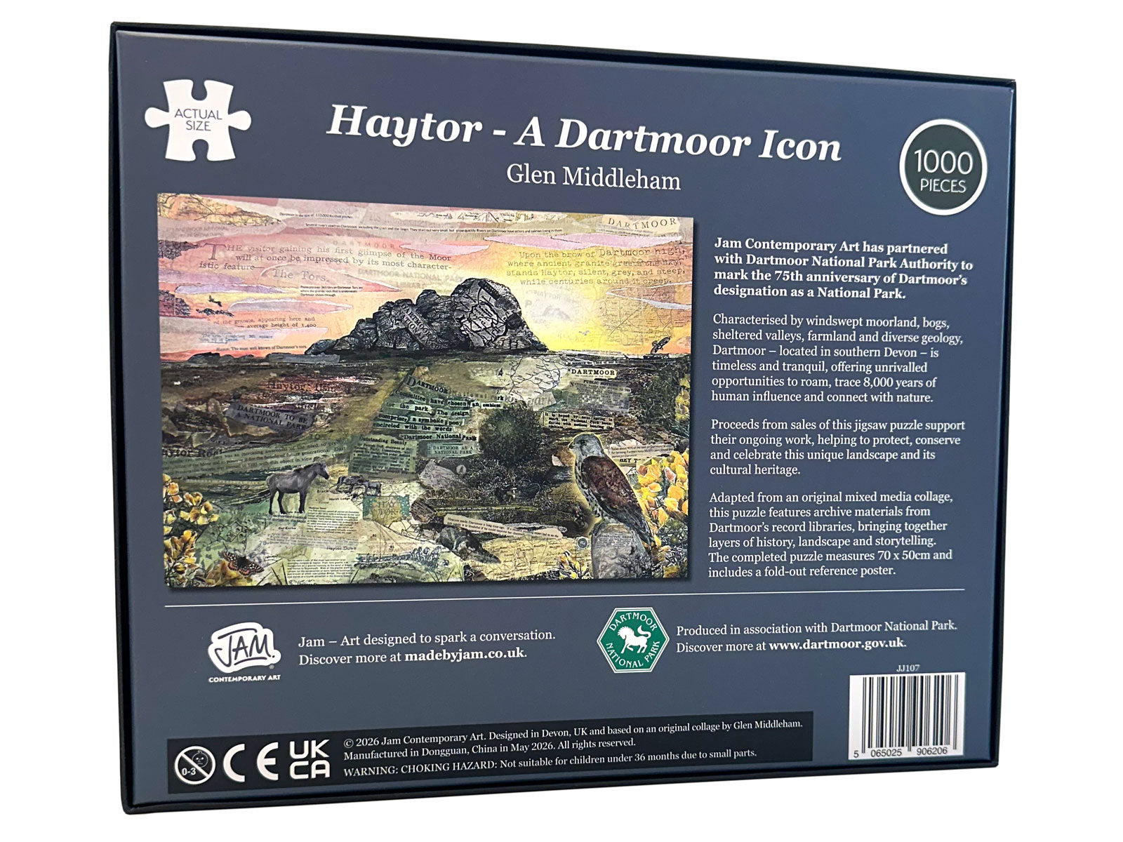 The back of a 1000-piece jigsaw puzzle box titled 'Haytor - A Dartmoor Icon' by Glen Middleham, featuring a landscape illustration of Haytor mountain and a sheep on a moor, with text and logos on a dark blue background.