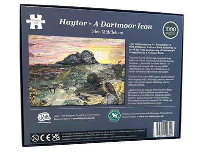 The back of a 1000-piece jigsaw puzzle box titled 'Haytor - A Dartmoor Icon' by Glen Middleham, featuring a landscape illustration of Haytor mountain and a sheep on a moor, with text and logos on a dark blue background.