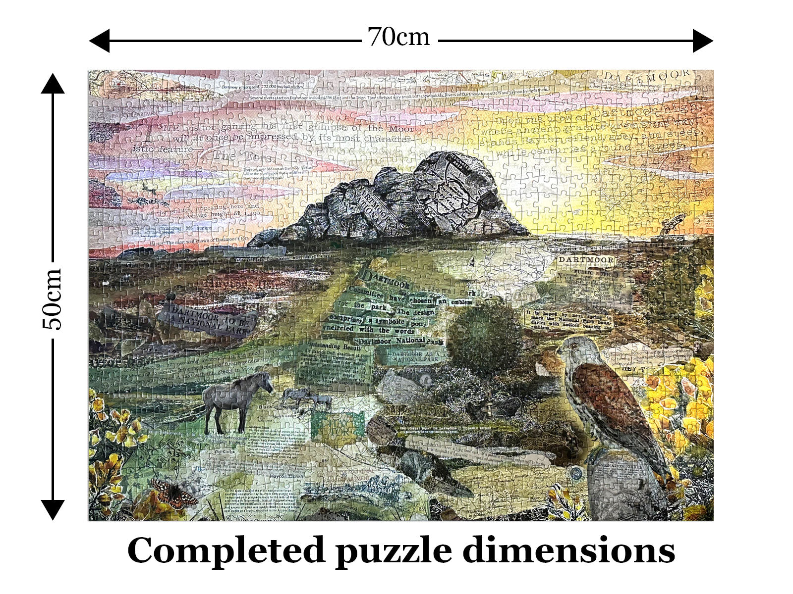 The completed Haytor – A Dartmoor Icon jigsaw puzzle overlaid with dimension arrows indicating 70 cm wide by 50 cm tall, with the text 'Completed puzzle dimensions' below.