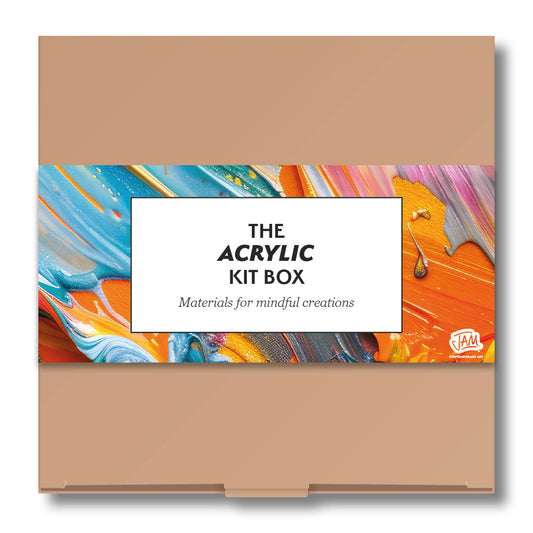 Acrylic painting set with colourful abstract design on a beige background