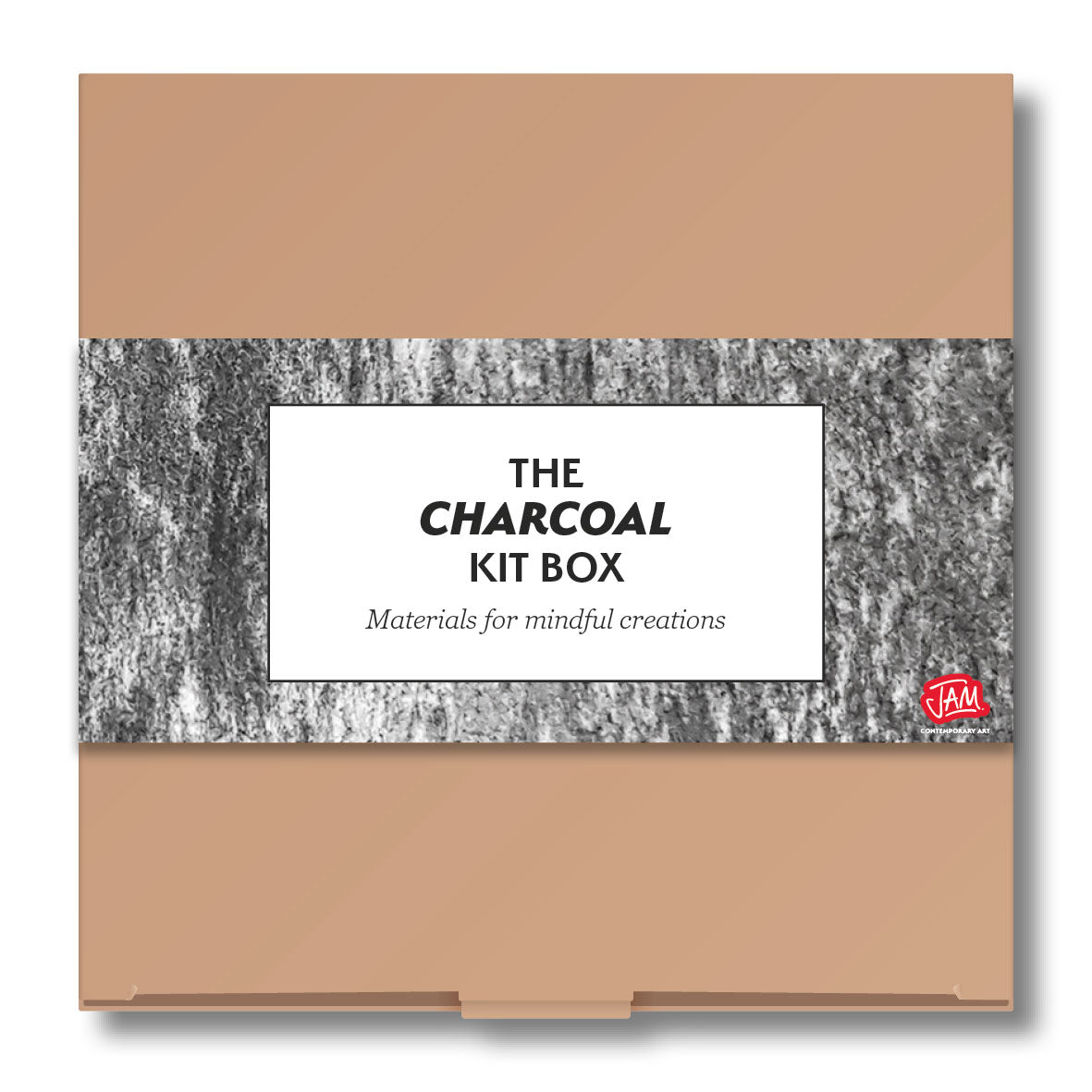 Charcoal art set with 'The Charcoal Kit Box' label and JAM logo on a white background