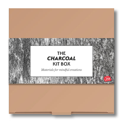Charcoal art set with 'The Charcoal Kit Box' label and JAM logo on a white background